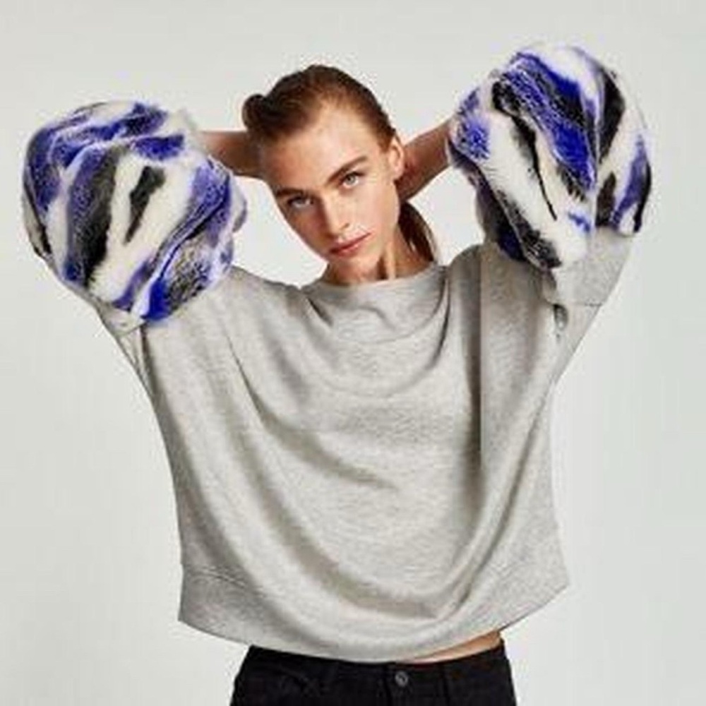 Zara Grey sweatshirt with blue faux fur cuff on the sleeves